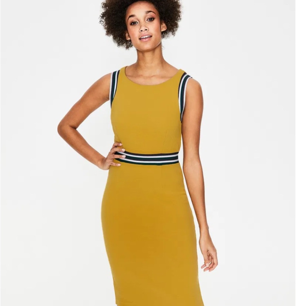 NWT Boden Mustard Midi Dress with Navy Accents